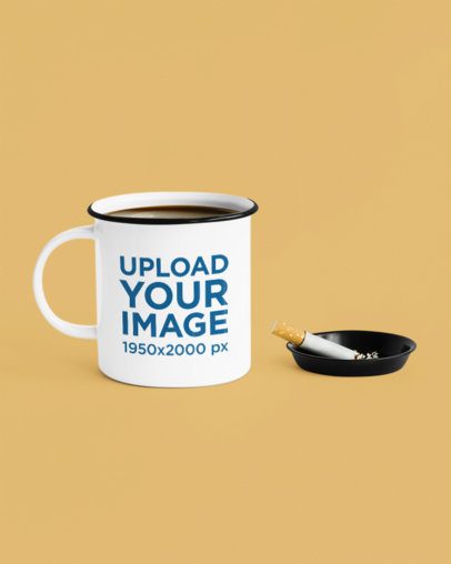 Coffee Enamel Mug Mockup Featuring an AI-Created Setting With a Cigarette m54821