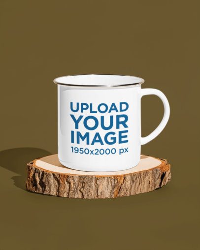 Enamel Mug Mockup Featuring an AI-Created Setting and Tree Trunk Base m54822