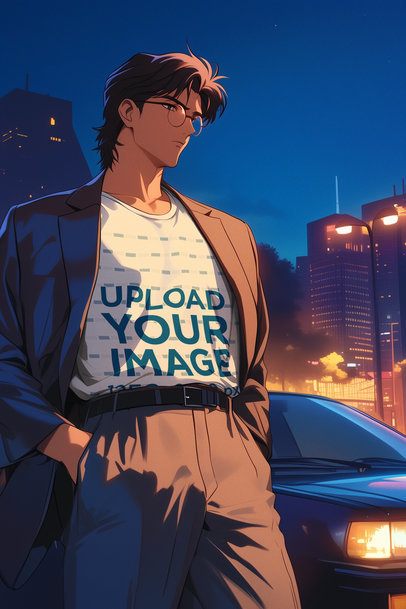 Retro Urban Mockup Featuring an AI-Created Anime Man Wearing a T-Shirt