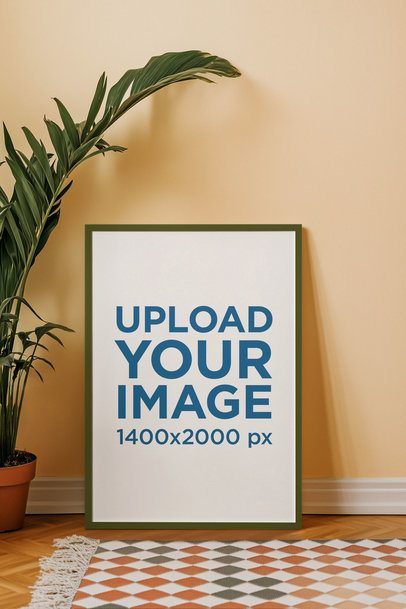 AI-Created Mockup Featuring an Art Print Placed on a Wooden Floor With a Plant Pot m54855