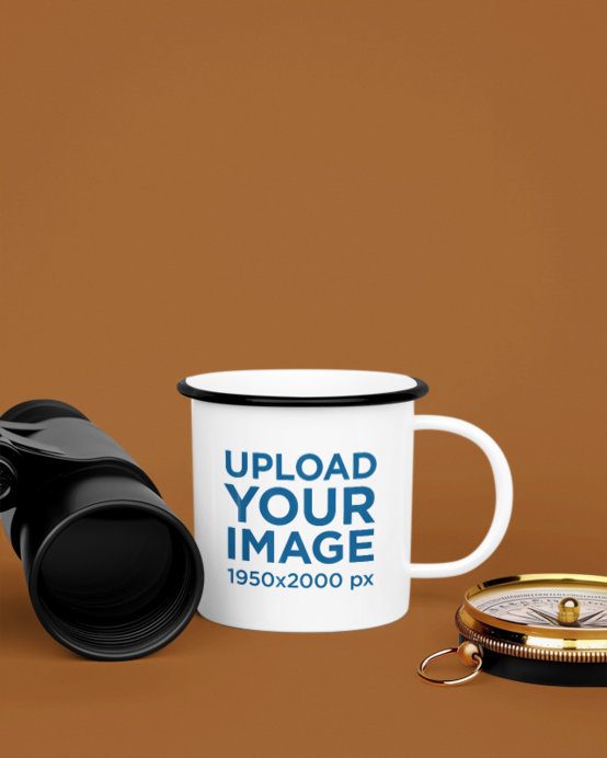 Enamel Mug Mockup Featuring an AI-Created Setting With a Compass and Binoculars