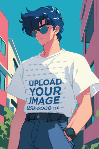T-Shirt Mockup of an AI-Generated Anime Man Standing With Retro Sunglasses in the Street