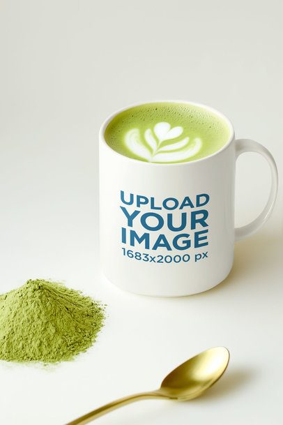 AI-Created Mockup Featuring a Mug Filled With Matcha Green Tea
