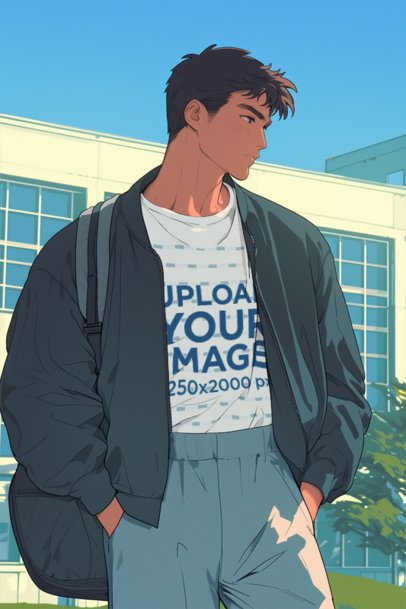 T-Shirt Mockup Featuring an AI-Created Anime Man in a Retro-Styled Outfit