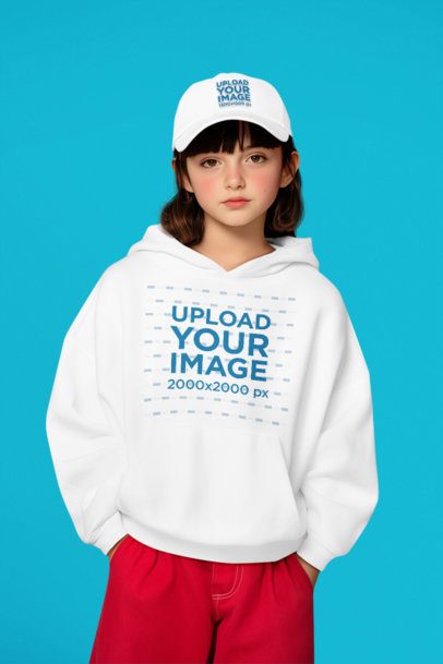 Hoodie Mockup Featuring an AI-Created Girl Wearing a Dad Hat in a Studio