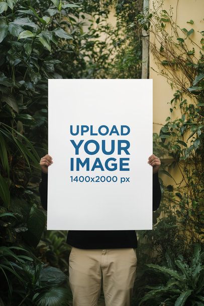 Mockup of an AI-Generated Man Holding a Poster in a Place Full of Plants m54829