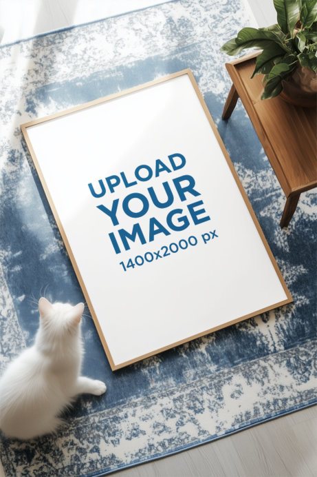 Mockup of an AI-Generated Art Print Lying on a Nice Carpet Featuring a Kitty