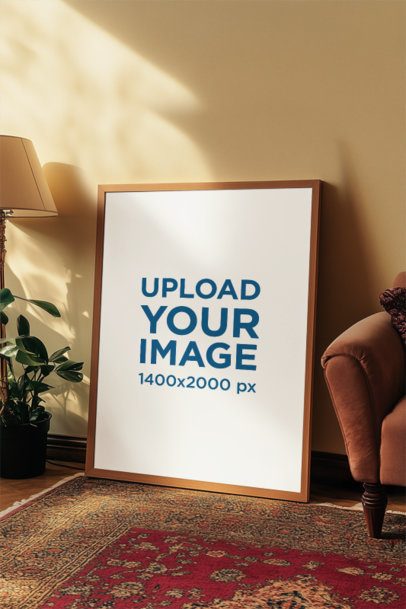 Mockup of an AI-Generated Art Print Placed on a Living Room's Floor m54828