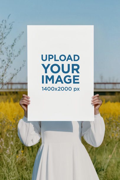 Mockup of an AI-Generated Woman Holding a Poster While Standing Outdoors m54835