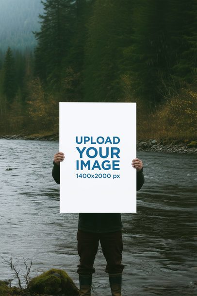 Poster Mockup Featuring an AI-Created Man Standing Against a River  m54836