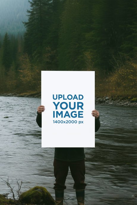 Poster Mockup Featuring an AI-Created Man Standing Against a River 