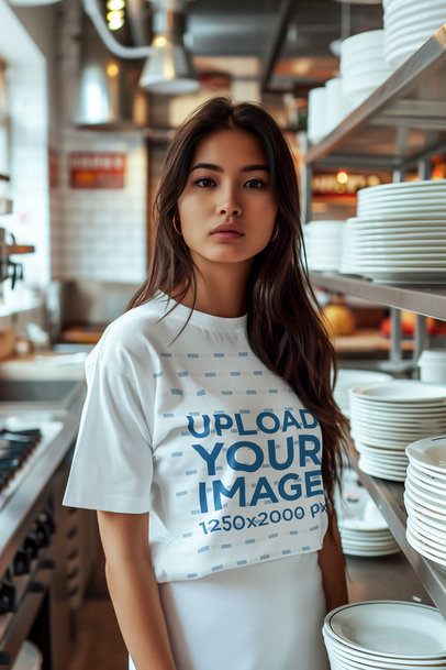 T-Shirt Mockup Featuring an AI-Created Woman Working in a Restaurant Kitchen m51355