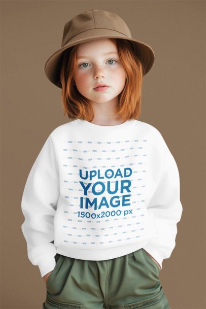 Sweatshirt Mockup Featuring an AI-Created Redhead Girl Posing Against a Colorful Backdrop