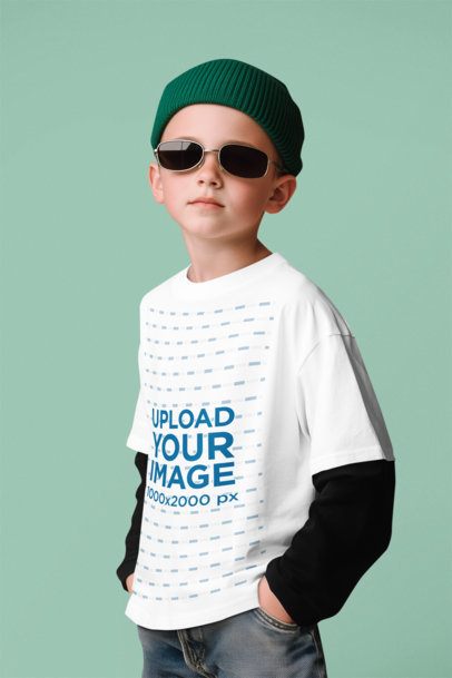 T-Shirt Mockup of an AI-Generated Boy With Sunglasses Standing Against a Customizable Background
