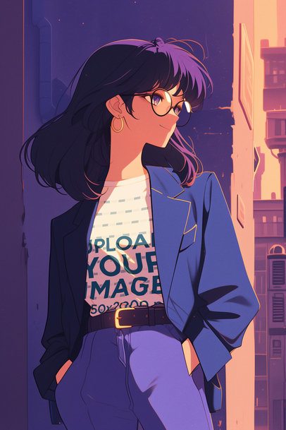 T-Shirt Mockup Featuring an AI-Created Anime Woman Wearing a Retro Style in the Street