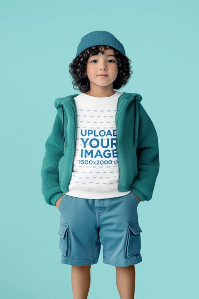 Sweatshirt Mockup of an AI-Generated Boy Wearing a Cool Outfit in a Studio