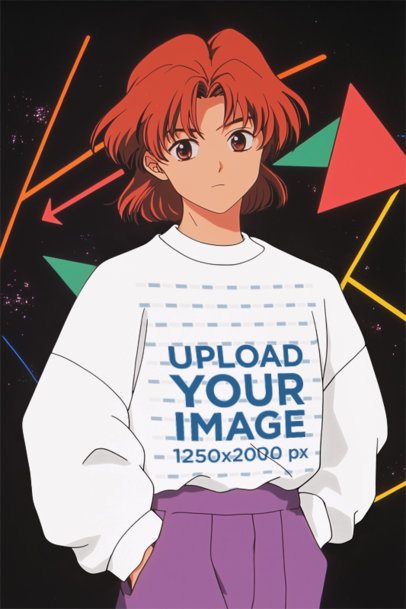 Sweatshirt Mockup of an AI-Generated Young Anime Woman With a Retro Look