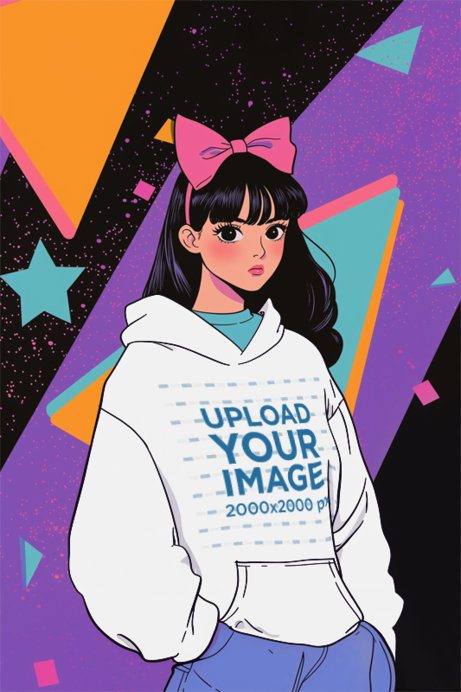 Pullover Hoodie Mockup Featuring an AI-Created Young Anime Woman in a Retro Style