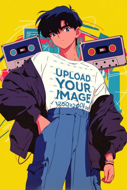 T-Shirt Mockup Featuring an AI-Created Anime Man Posing Against a Retro Layout