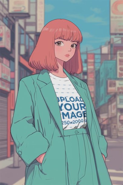 T-Shirt Mockup of an AI-Generated Anime Woman With a Retro Look Standing in the Street
