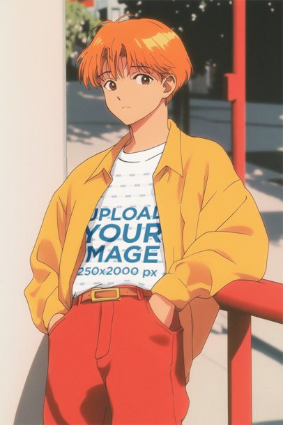 Retro-Inspired Mockup of an AI-Generated Anime Man in a T-Shirt Posing on a Sidewalk