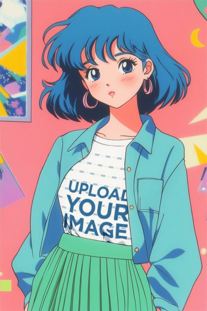 T-Shirt Mockup Featuring an AI-Created Anime Woman With a Cool Retro Style