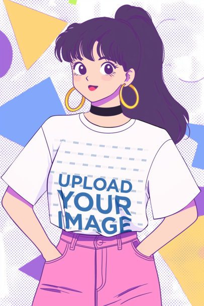 T-Shirt Mockup Featuring an AI-Created Anime Woman With a Retro-Styled Look m52938