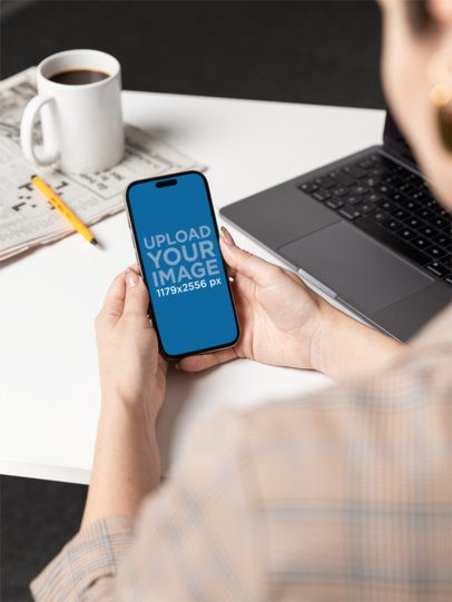 iPhone 16 Mockup Featuring a Woman Posing in an Office Setting m55718
