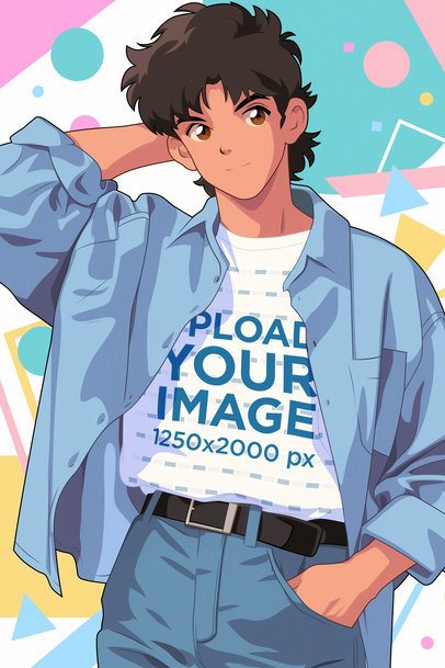 Retro-Styled Mockup of an AI-Generated Anime Man Wearing a Round-Neck T-Shirt