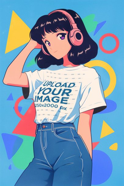Retro-Themed Mockup of an AI-Generated Anime Woman Wearing a Round-Neck T-Shirt
