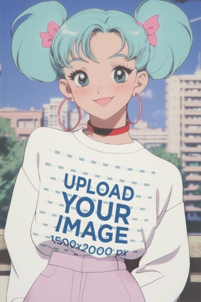 Sweatshirt Mockup of an AI-Generated Anime Happy Woman With a Retro Style