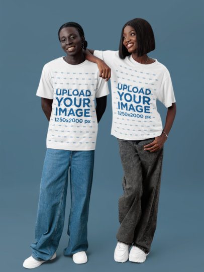 Round-Neck T-Shirt Mockup of a Woman and a Man Posing With Happy Looks in a Studio