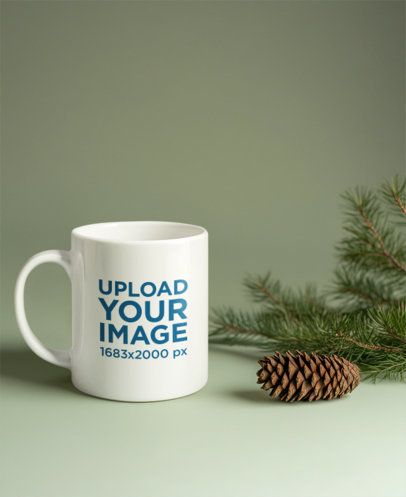 Mockup of an AI-Generated Coffee Mug Placed in a Setting With a Pine Cone m54809