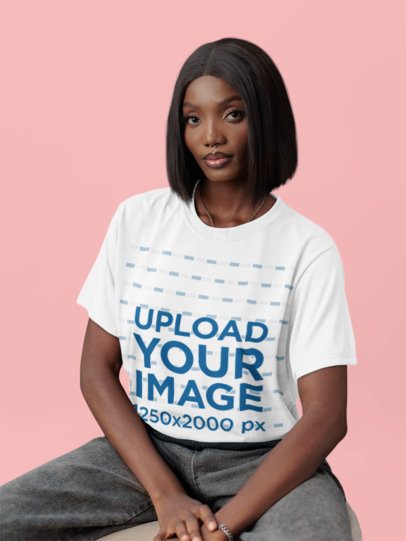 Round-Neck Tee Mockup of a Woman With a Nose Piercing Posing in a Studio