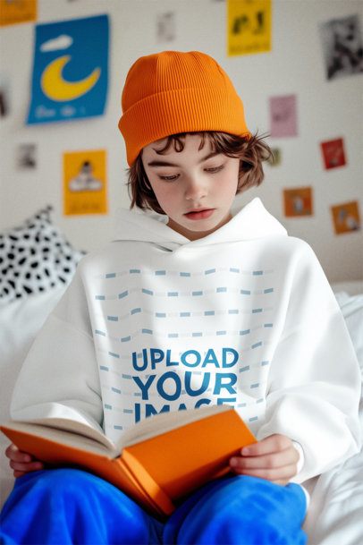 Pullover Hoodie Mockup Featuring an AI-Created Girl Reading in Her Bedroom
