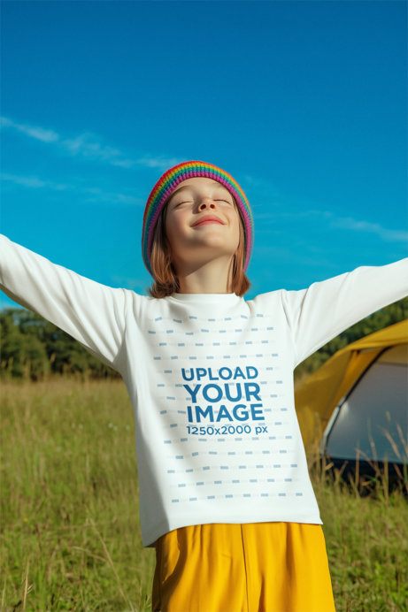 Long-Sleeve Tee Mockup Featuring an AI-Created Happy Girl Enjoying the Outdoors