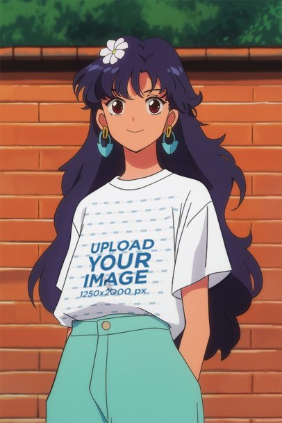 T-Shirt Mockup of an AI-Generated Anime Woman Posing Against a Brick Wall m55527