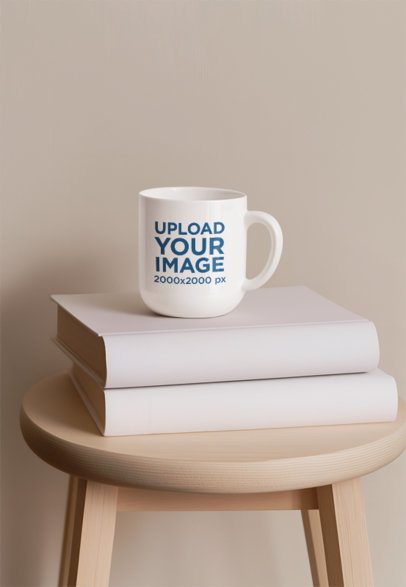 AI-Created Mockup Featuring a Mug Placed Over a Pile of Books m54808