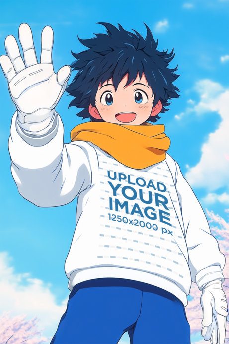 Sweatshirt Mockup Featuring an AI-Created Teenage Boy Inspired by a Superhero Anime