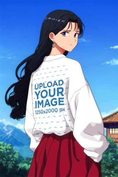 Back-View Sweatshirt Mockup of an AI-Generated Anime Woman in an Anime-Inspired Setting