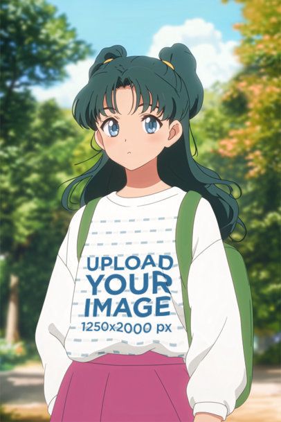 Sweatshirt Mockup Featuring an AI-Created Young Woman in an Anime-Inspired Setting