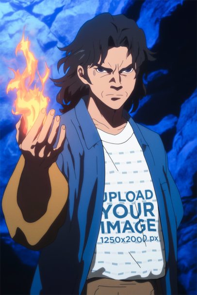 T-Shirt Mockup of an AI-Created Man With Fire Inspired by a Popular Anime Show