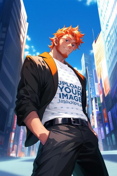 T-Shirt Mockup Featuring an AI-Created Smiling Man Graphic Inspired by an Anime