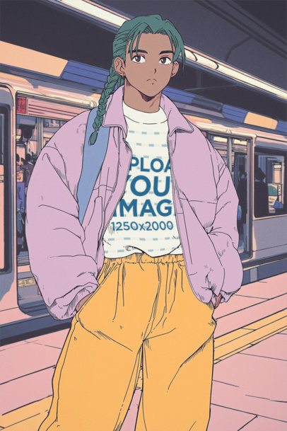 Sweatshirt Mockup Featuring an AI-Created Anime Man With a Retro Look Posing in the Subway