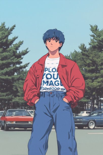 T-Shirt Mockup of an AI-Generated Anime Man With Retro Style Standing in a Parking Lot