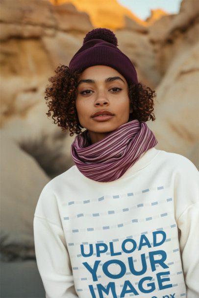 Sweatshirt Mockup Featuring an AI-Created Woman Posing by a Mountain