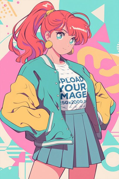 T-Shirt Mockup Featuring an AI-Created Smiling Anime Woman Posing in a Retro-Styled Look m52924
