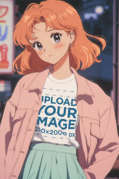 T-Shirt Mockup Featuring an AI-Created Anime Woman With a Retro Look