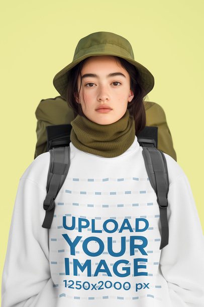 Sweatshirt Mockup of an AI-Generated Woman Posing in a Studio With an Outdoors Style