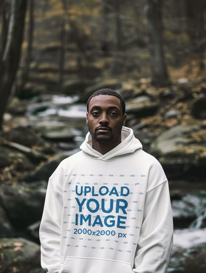 Pullover Hoodie Mockup of an AI-Generated Man Posing in a Natural Landscape